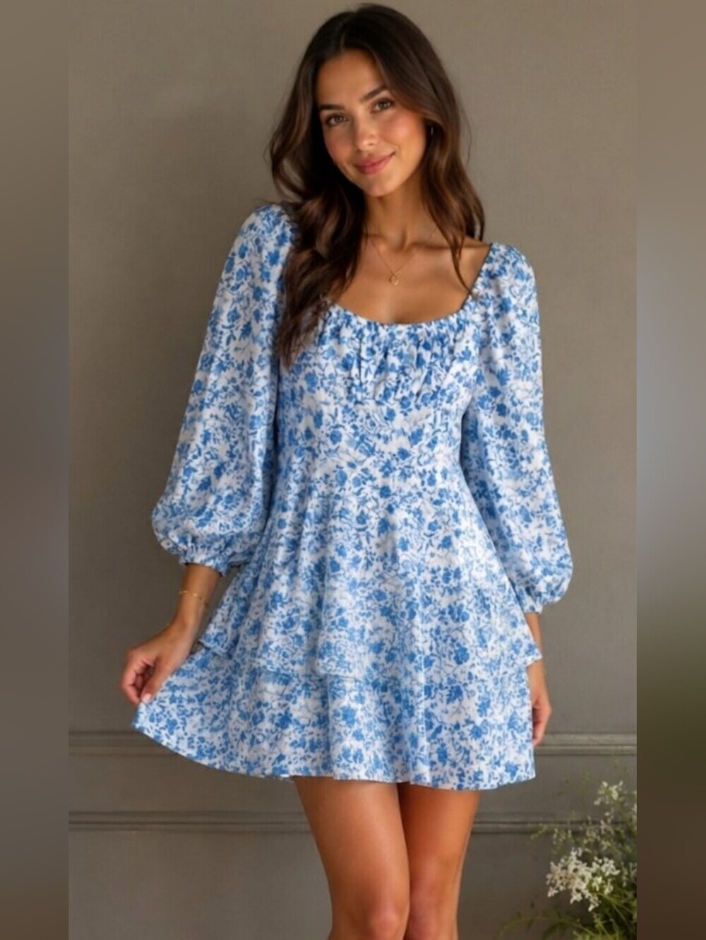 One and Only Collective Tiered Mini Dress Blue Floral Puff Sleeves Size Small.
